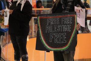 Organizers during the demonstration at the Schine Student Center emphasized pressuring elected officials to implement a ceasefire and criticized the Biden administration’s support of Israel. 