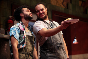 “Clyde’s” is a co-production with Portland Center Stage. Pictured above, Setareki Wainiqolo and another actor search for the perfect sandwich.
