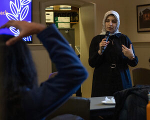 Fatima Seyma Kizil, one of the discussion speakers, responds to an audience member’s question. The presentation offered space for an interactive discussion, with many questions nearing the end. 
