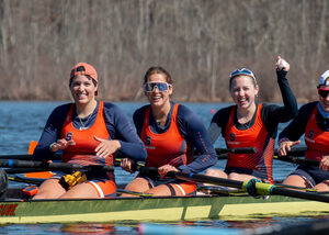 Emmie Frederico (pictured, middle) led Syracuse's varsity 8 to a first-place finish in the ACC Championships in 2023. 