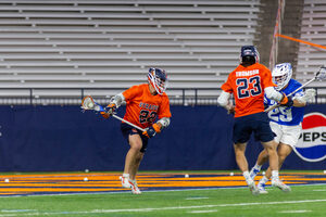 Syracuse attack Joey Spallina (pictured, No. 22) was held to just one goal in his previous outing against No. 1 Notre Dame.