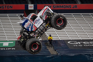 Lucas Stabilizer, driven by Linsey Read leaps into the air after gaining momentum from a dirt slope. Syracuse University’s JMA Wireless Dome was one stop on Monster Jam’s Stadium Championship Series East tour.