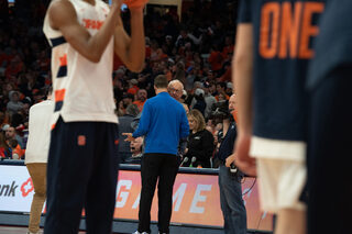 Syracuse’s Jim Boeheim and Duke’s Jon Scheyer meet at center court before the game to shake hands as a sign of sportsmanship. This was Boeheim’s first matchup with Duke since Scheyer took over as head coach in April 2022. 