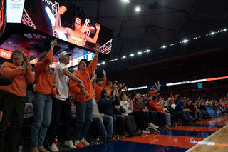 Fans jump to their feet as the Orange score a basket from the 3-point line. Despite attempting 16 3-pointers, Syracuse only made six. 